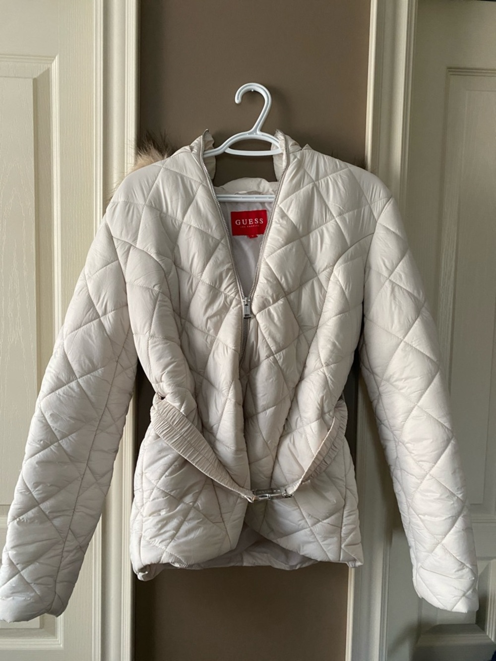 Guess Quilted Cream Belted Puffer Jacket